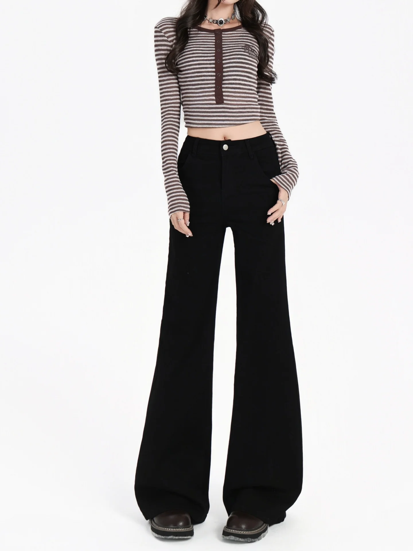 جينز Bla Fce مبطن بأرجل واسعة للنساء لخريف وشتاء مقاس كبير سروال مرن للتخسيس بخصر عالٍ من قماش الدنيم الأمريكي