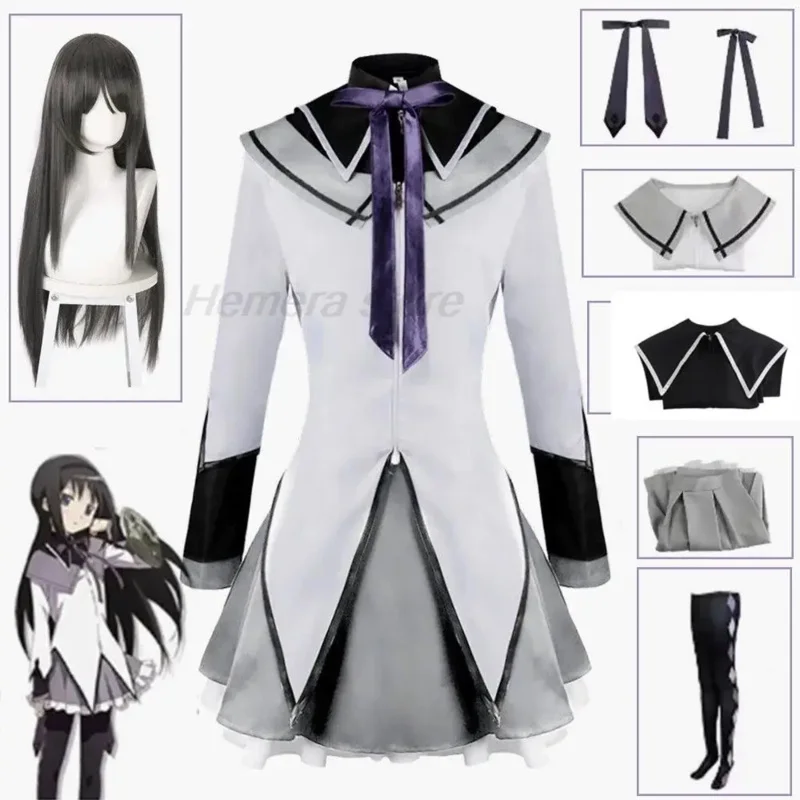 

Anime Magical Girl Puella Magi Madoka Magica Homura Akemi Cosplay Costume Fighting Uniforms Wig Socks for Mahou Shoujo Comic Con