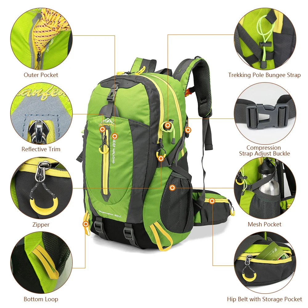 40L Water Resistant Travel Backpack Camp Hike Laptop Daypack Trekking Climb Back Bags For Men Women