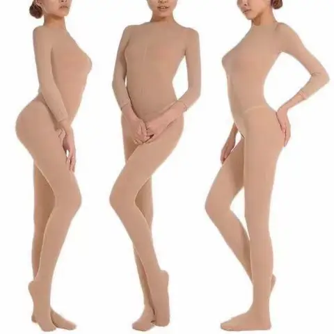 Skin Color Dance Stockings Clothing One Piece Stockings sexxy Padded Flesh Color Long Sleeve Open without Open Crotch Full Body B
