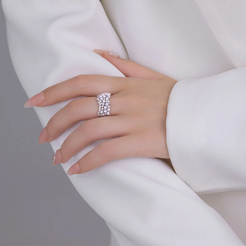 New Fashion Light Luxury Copper Imitation Pearl Irregular Adjustable Ring Women\'s Banquet Jewelry 2024