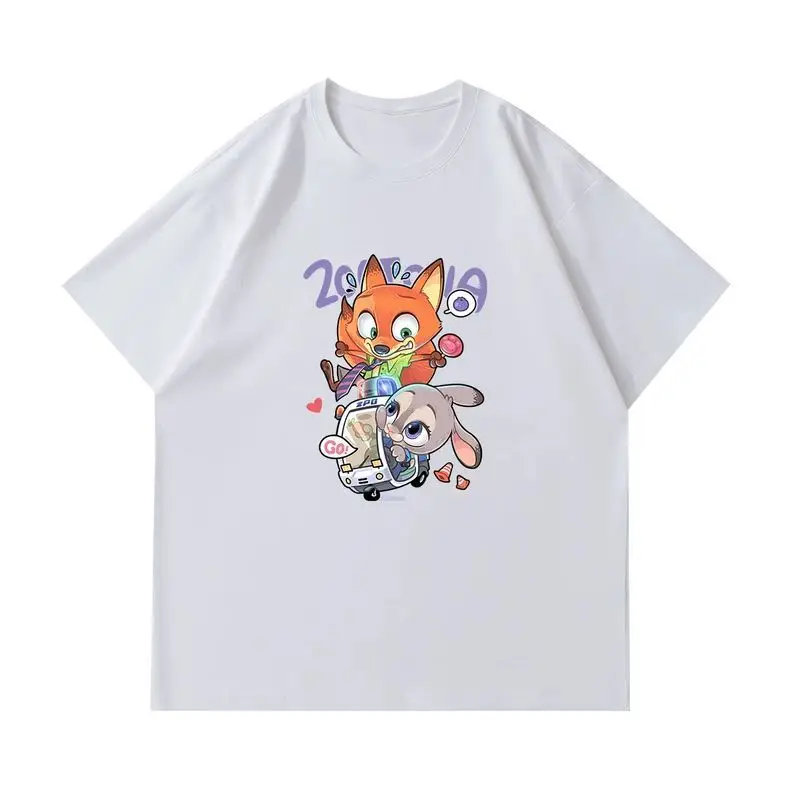 Zootopia شخصيات كرتونية نيك وجودي طباعة 2025 صيف جديد فضفاض القطن تي شيرت الرجال الشارع موضة عادية أنيمي تيز #1