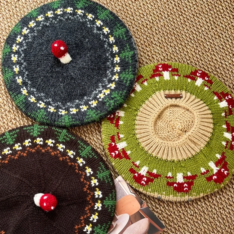 Japanischer, süßer, mit Pilzmuster gestrickter Jacquard-Baskenmütze, personalisierbar, warm und vielseitig, Kuppelmütze für Damen, ideal für Herbst und Winter – Detail 5