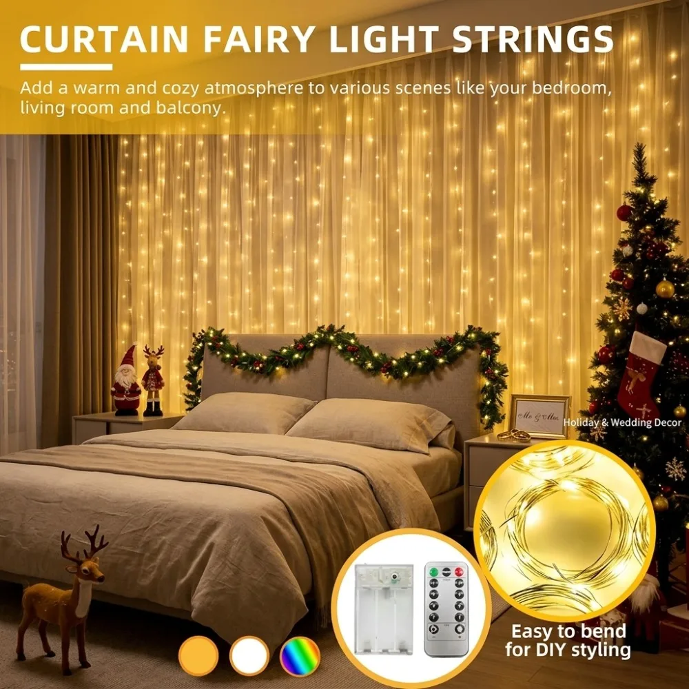 Battery Powered Bendable Curtain Fairy String Lights for Bedroom Living Room Christmas Holiday Festive Room Window Decor