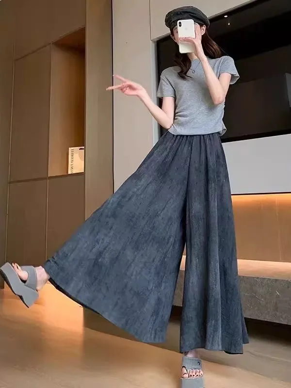 

Летние широкие брюки из ледяного шелка, женские повседневные прямые тонкие брюки с принтом тай-дай, новые брюки больших размеров с высокой талией, девять очков, полиэфирное волокно