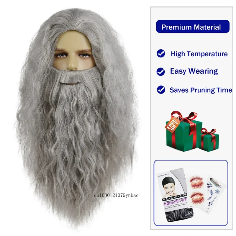 Synthetic Hair Anime Dumbledore Cosplay Wigs for Mens Gandalf Long Grey Beard Wig Heat Resistant Costume Party Halloween Use