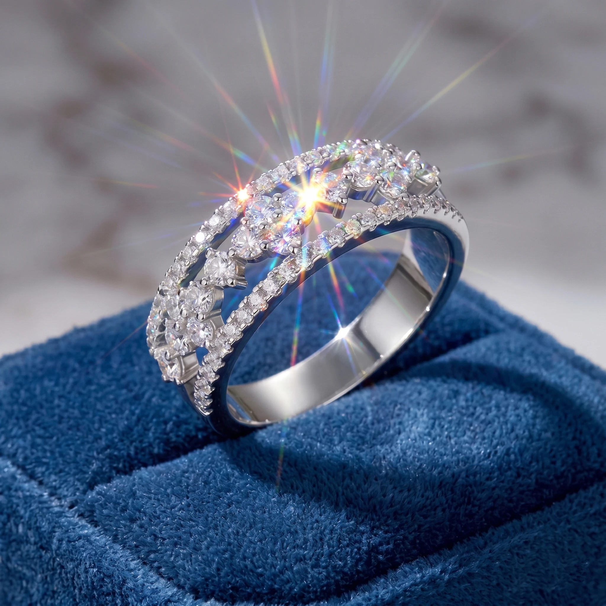 Triple Row Moissanite Ring in 925 Silver
