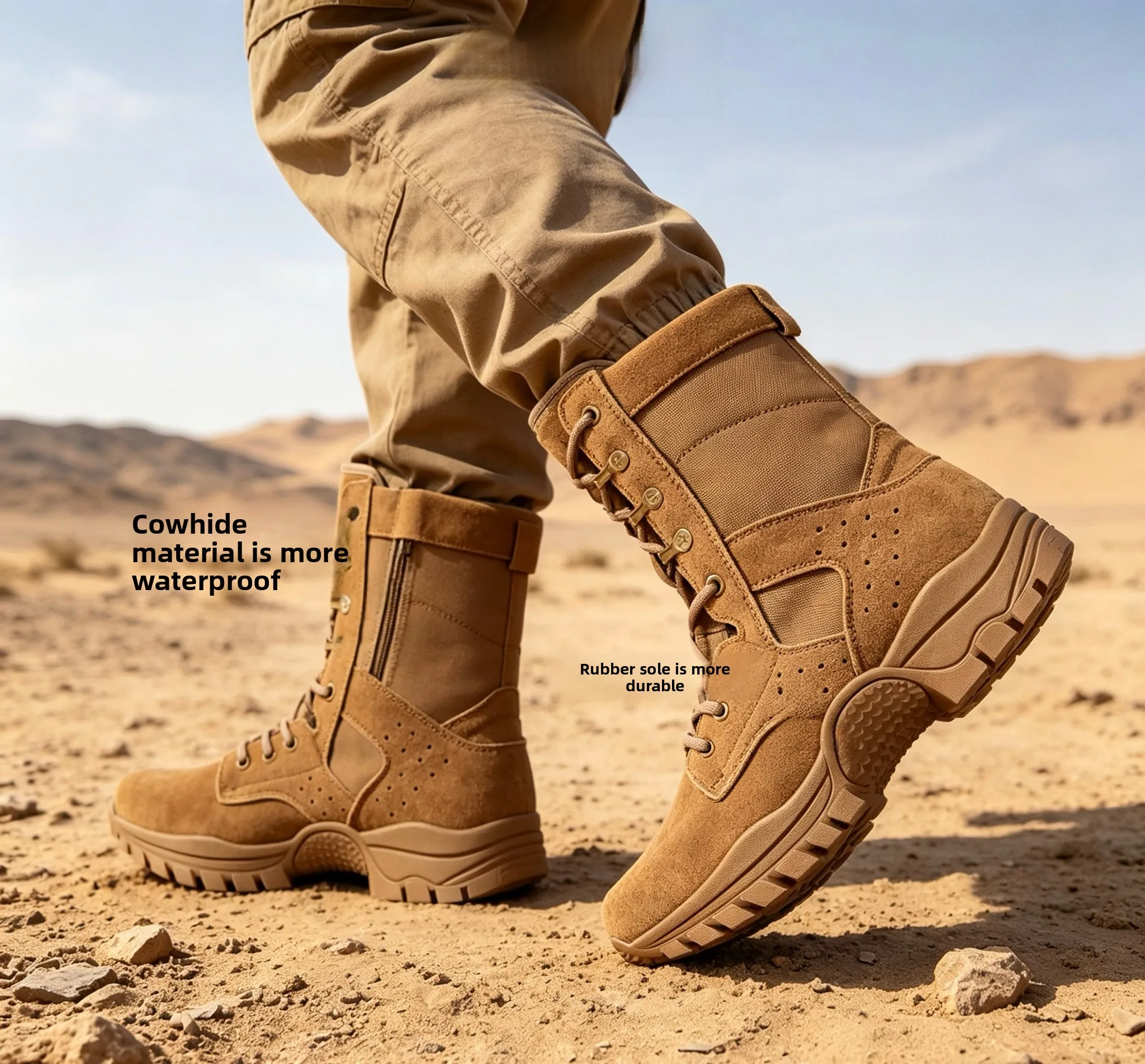 brown-spring-ultra-light-cowhide-men's-breathable-training-boots-outdoor-high-top-side-zipper-waterproof-mountain-desert-boots