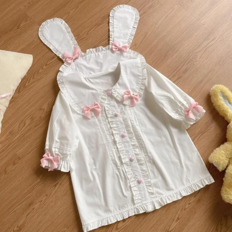 

Cute Rabbit Ear Bow Short Sleeved Shirt Top 2025 Summer New Lolita Blusas Mujer Single Breasted All-match White Blouses