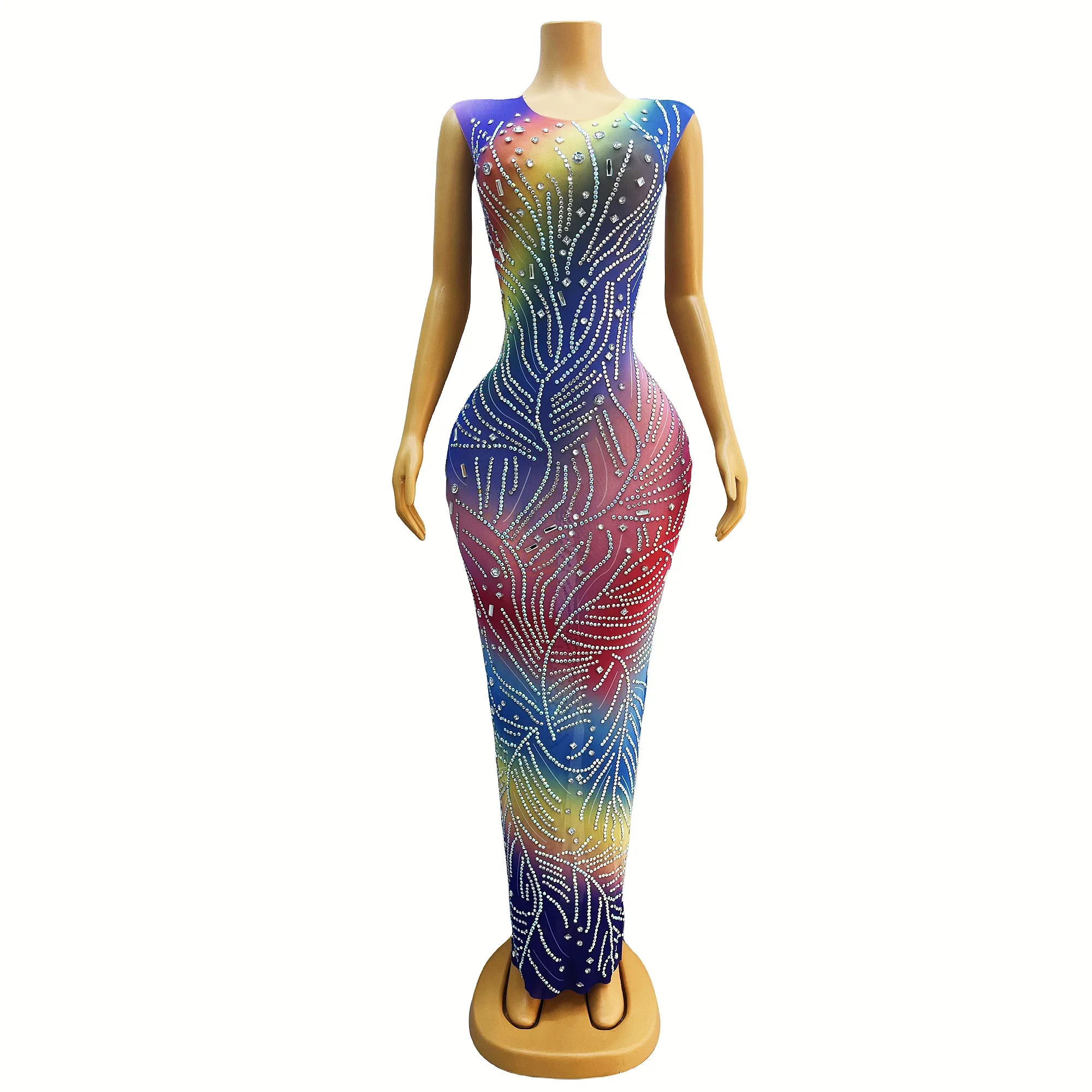 

AB Rhinestones Colorful MESH Sleeveless Long Dress Birthday Celebrate Dress Evening Singer Dance Performance Costume yinsi