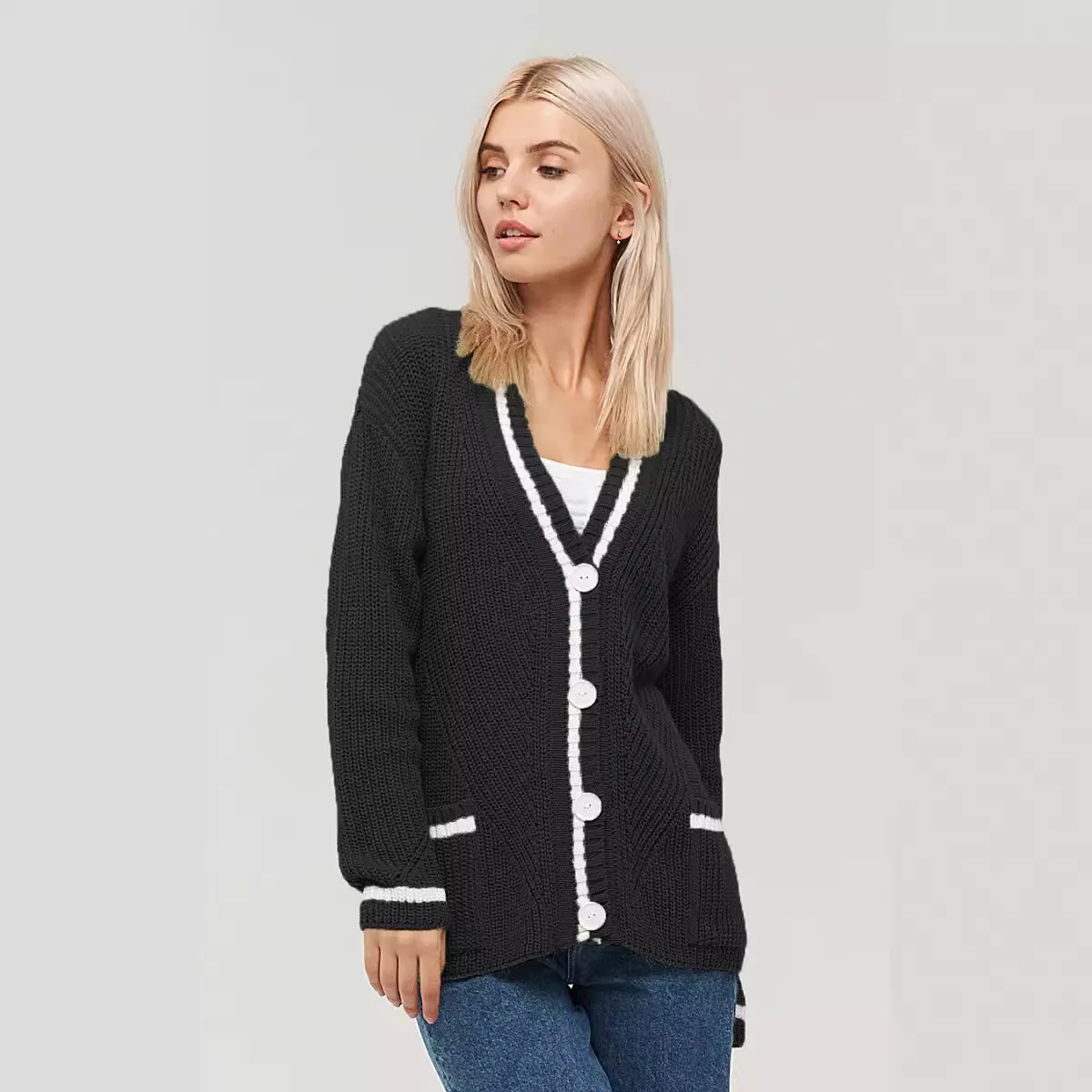 Damski kardigan dziergany sweter jesień zima uniwersalny dekolt w serek kieszeń dopasowanie kolorów dziergane swetry z długim rękawem kurtka damska