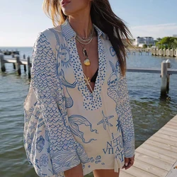 Women Group Of Pants Set Lady Pattern Print V-Neck Long Sleeve Shirts&Shorts Vacation Outfits Summer Satin 2Pcs Temperament Suit