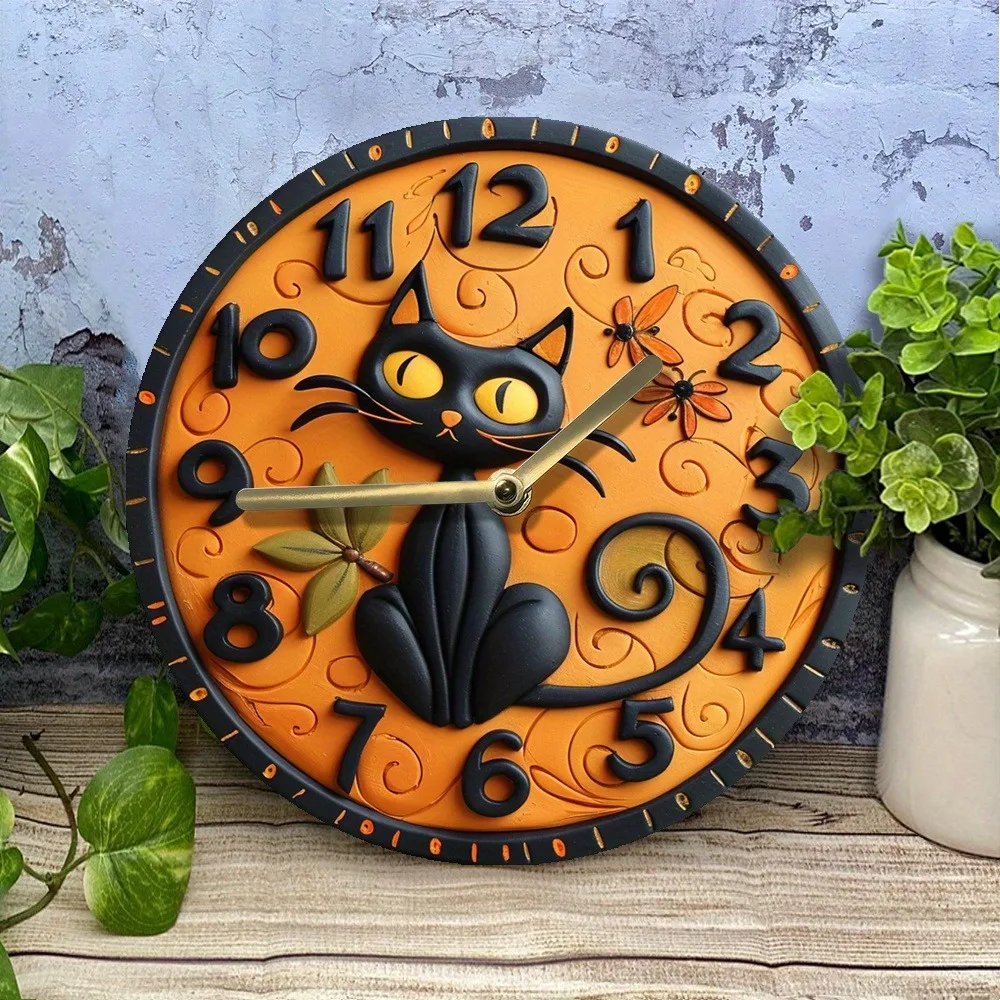A Charming Wooden Wall Clock with a Cute Black Cat Pattern. Ideal for Home or Office. Takes AA Batteries.