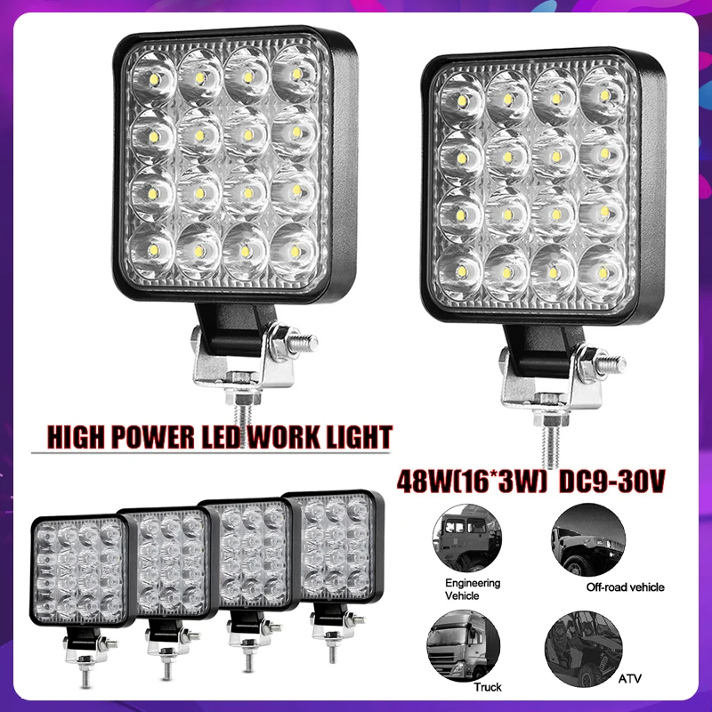 12V/9-30V Led Work Light Square Spotlight/floodlight 48W/126W Car Headlight For Truck Off Road SUV Night Driving Light Fog Lamp