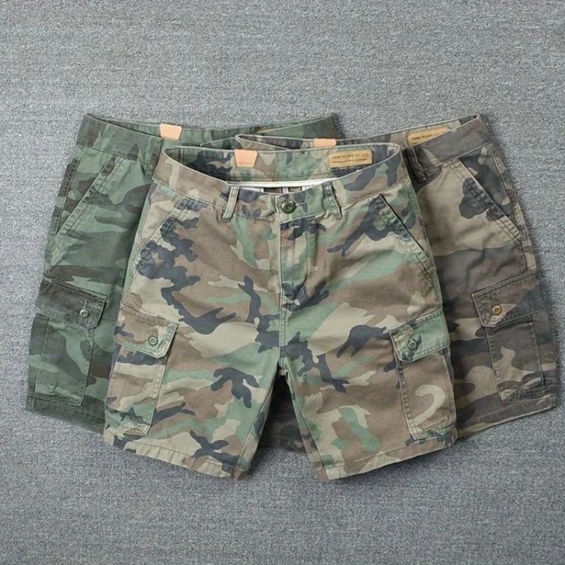 Camouflage Tooling Shorts Men's Pure Cotton Short Pants Trendy Brand Loose Straight Washed Trendy Men's Casual Cargo Short Pants