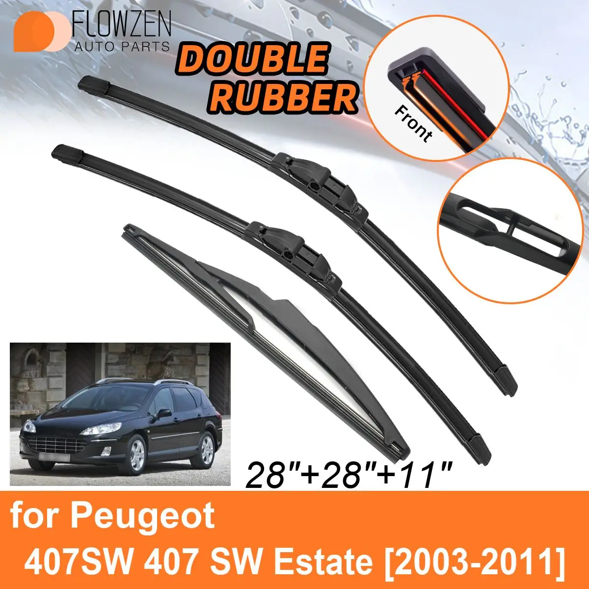 Double Rubber Car Wiper Blades for Peugeot 407SW 407 SW Estate 2003-2011 Rear Blades Accessories 2006 2007 2008 2009 2010 2011