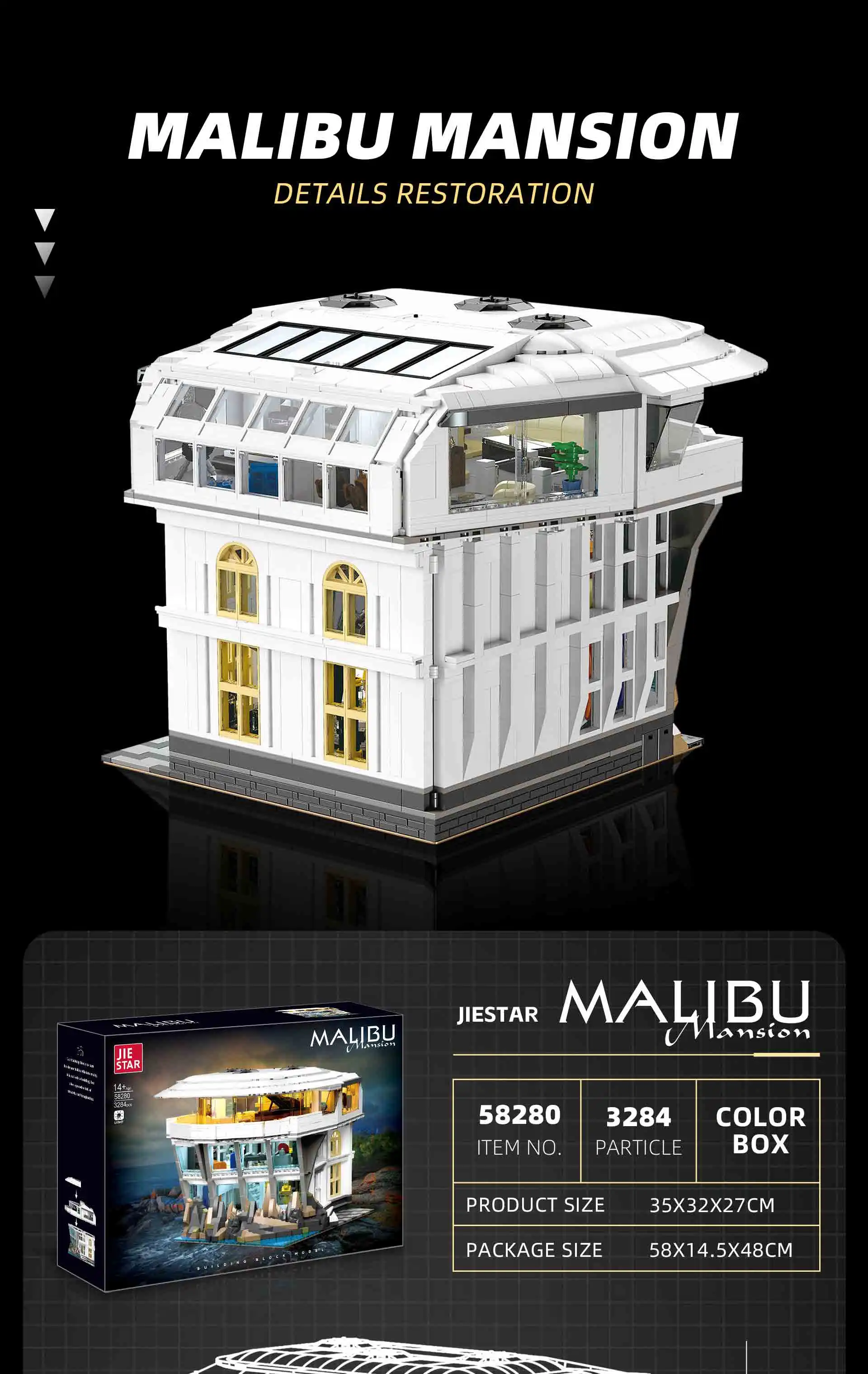 Kreative Marrvve 3284-teilige Malibu Bausteine Straßenansicht mit Beleuchtung Architekturmodell Ziegelstein-Spielzeug DIY Erwachsenen-Puzzle Geschenke – Detail 2