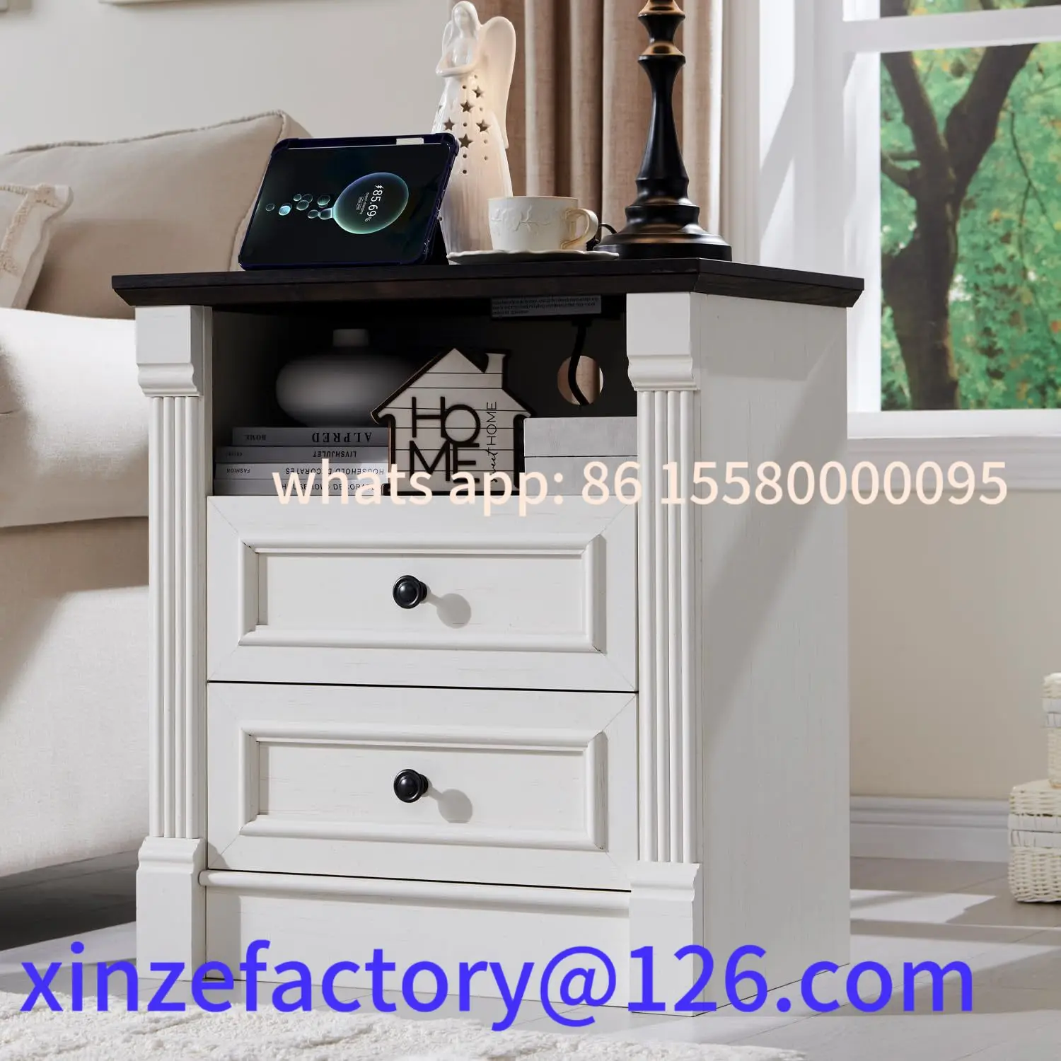 

Customizable large pastoral wooden side table with charging station, dresser with Roman Columns