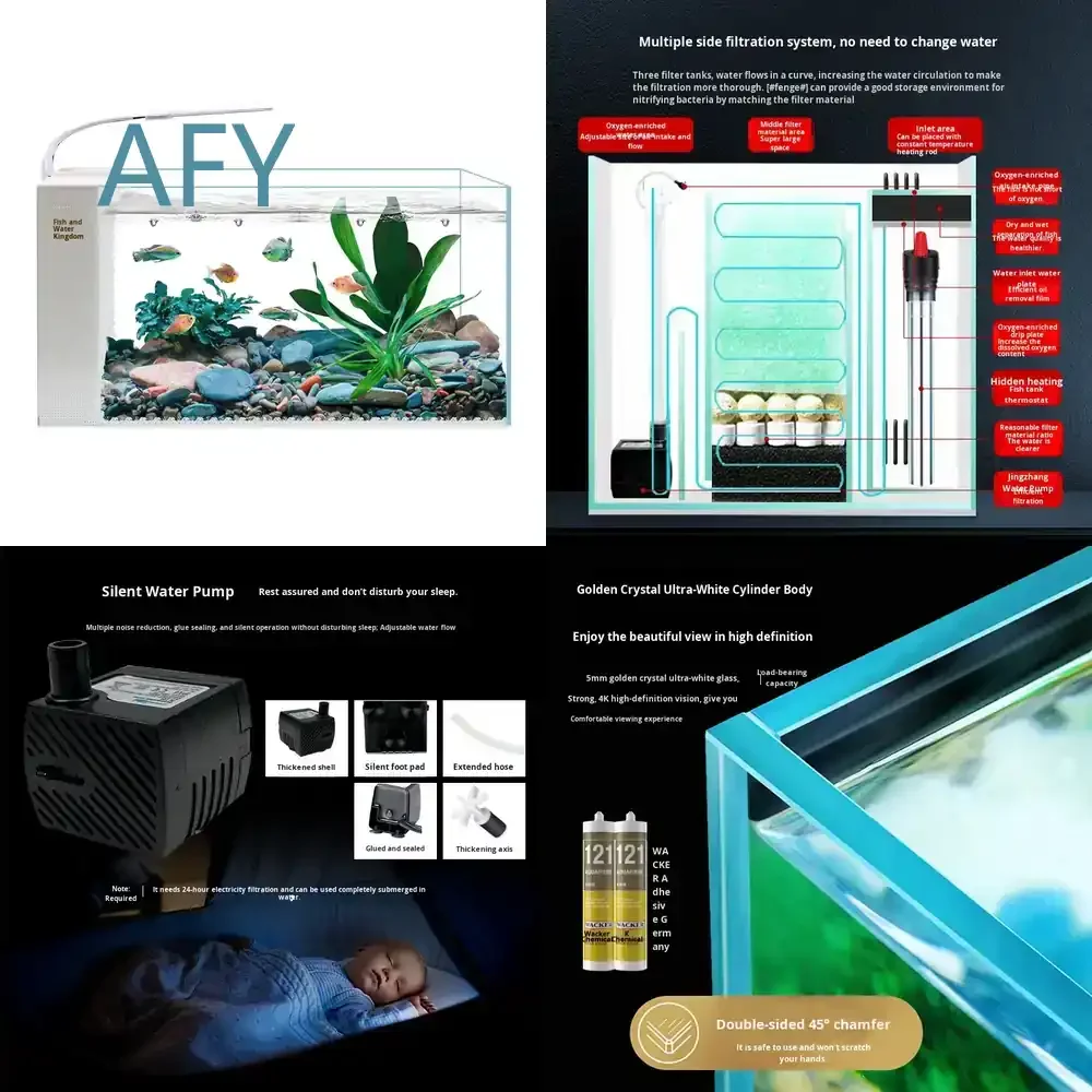 New Eco Friendly 220V Living Room Ultra Clear Glass Small Gold Crystal Desktop Fish Tank with Side Filter for Home Office