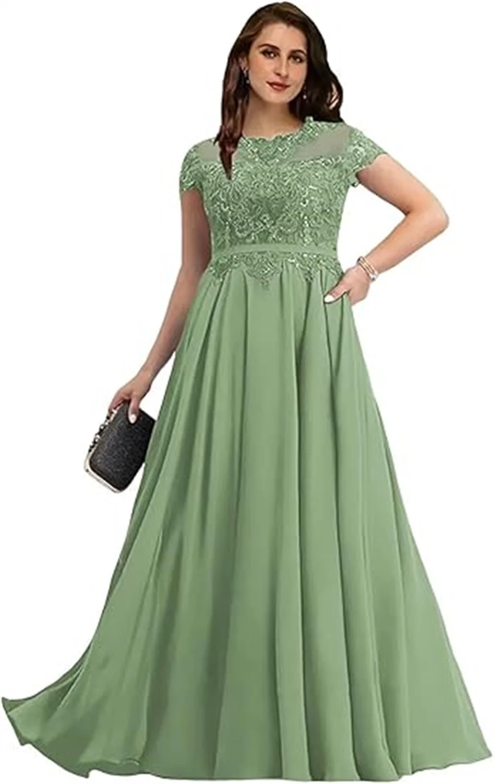 Applicazioni in pizzo con paillettes lucide personalizzate Una linea lunga abito per la madre della sposa per abiti da sera formali da ballo a maniche corte da sposa