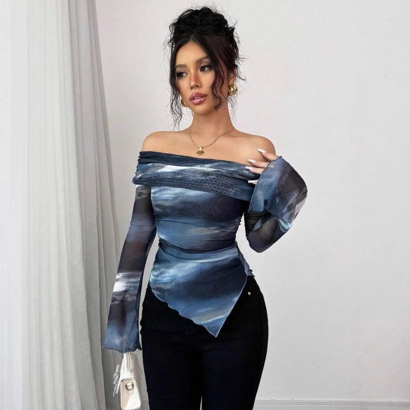 

European and American New2025New Women's Knitted Mesh Print Off-Shoulder Long Sleeve TopTWomen's-shirt