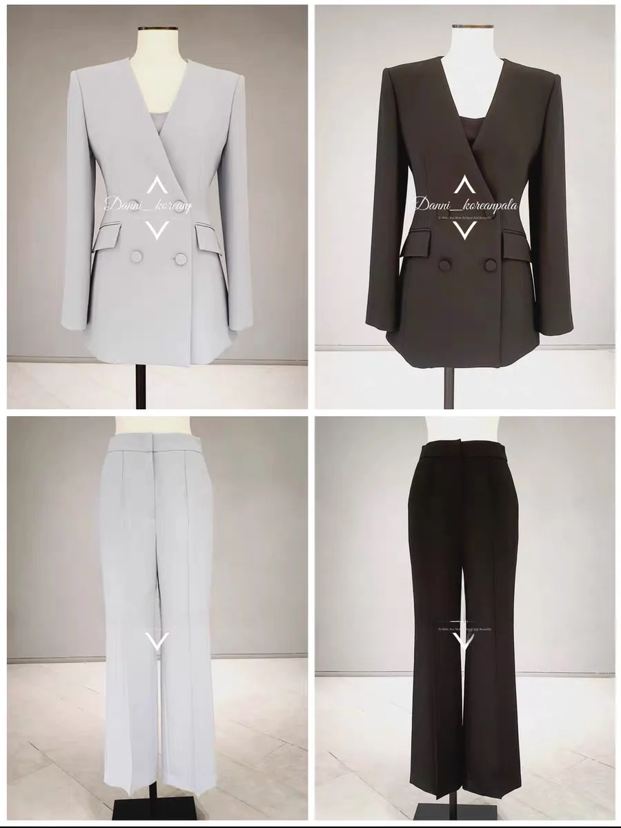 

Elegant Korean Style Three Piece Suit Set High Waist Pants Long Sleeve V Neck Businesswear for Women Spring Fashion