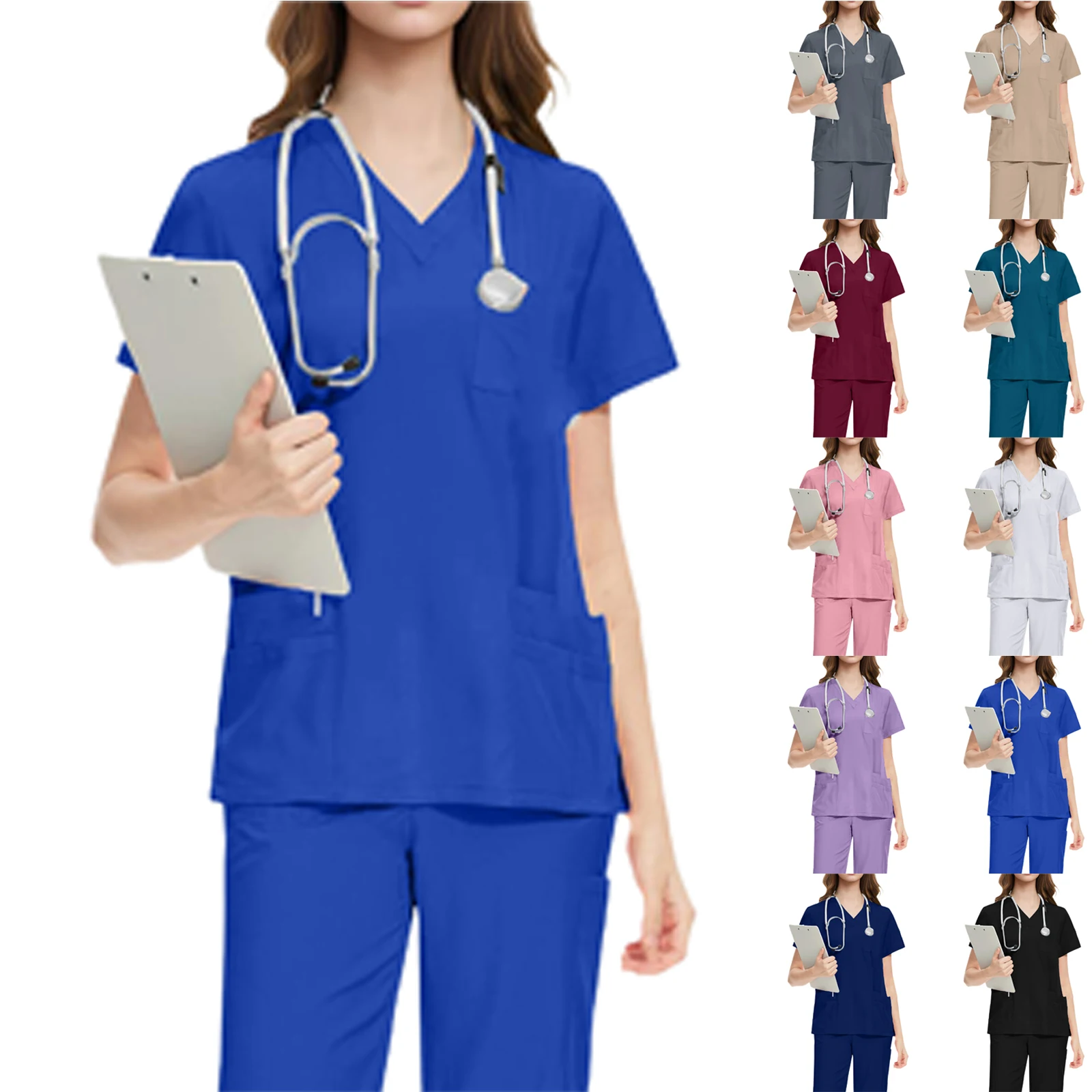 Women's Nurse Scrub Set V-Neck Short Sleeve Multi-Color Multi-Pocket Straight Pants Medical Uniform Healthcare Workwear