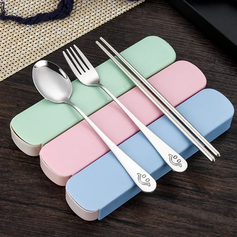 Stainless Steel Tableware, 3/2pcs Set, Outdoor Travel Smiley Face Spoon Fork Chopsticks, Creative Cute Gift Student Portable Set