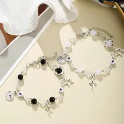 2 Pcs White and Black Beads Star Letter Heart Shaped Magnet Couple's Bracelets Bff Trendy Jewelry Gifts