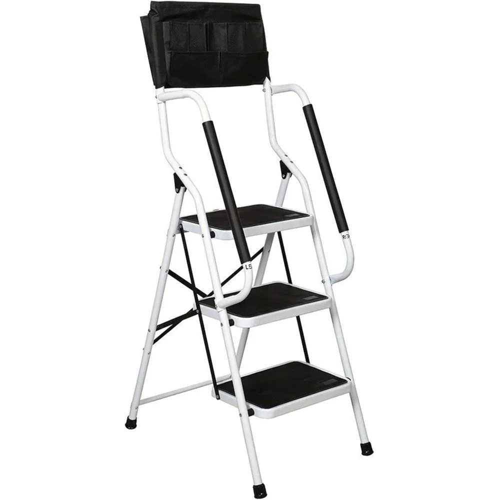 

3 Step Ladder with Handrails 500 lb Capacity Step Stool Folding Ladders for Home Kitchen Steel Frame with Safety Side
