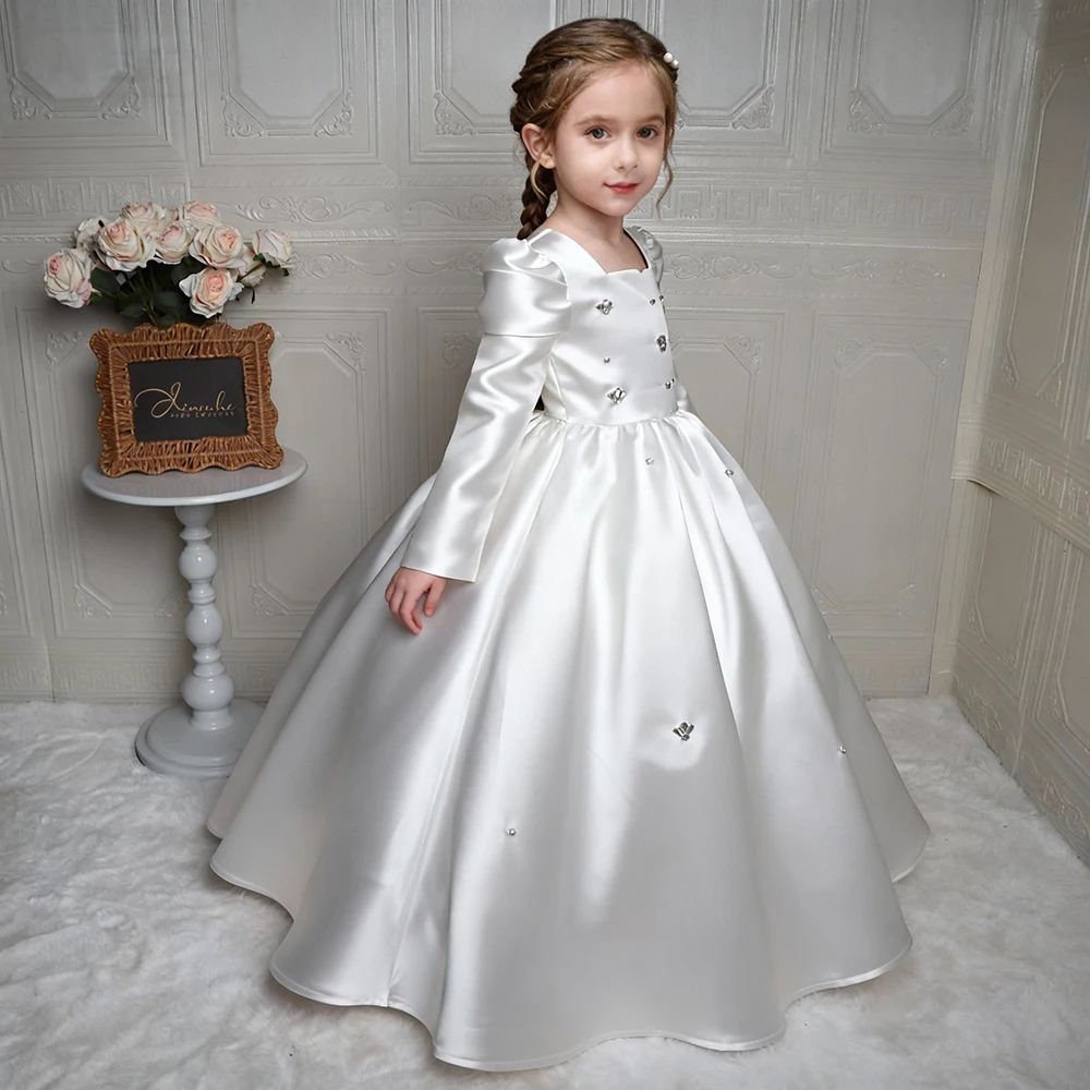 

Индивидуальные платья для девочек-цветочниц из белого атласа с кристаллами, длинными рукавами, для свадеб, дней рождения, банкетов, причастий