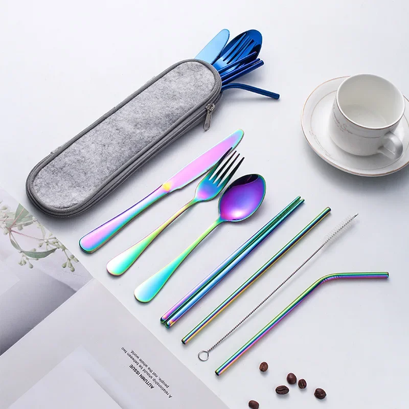 Pink Gold Dinnerware Set Travel Camping Cutlery Set Knife Fork Spoon Chopsticks With Portable Bag Stainless Steel Tableware Set