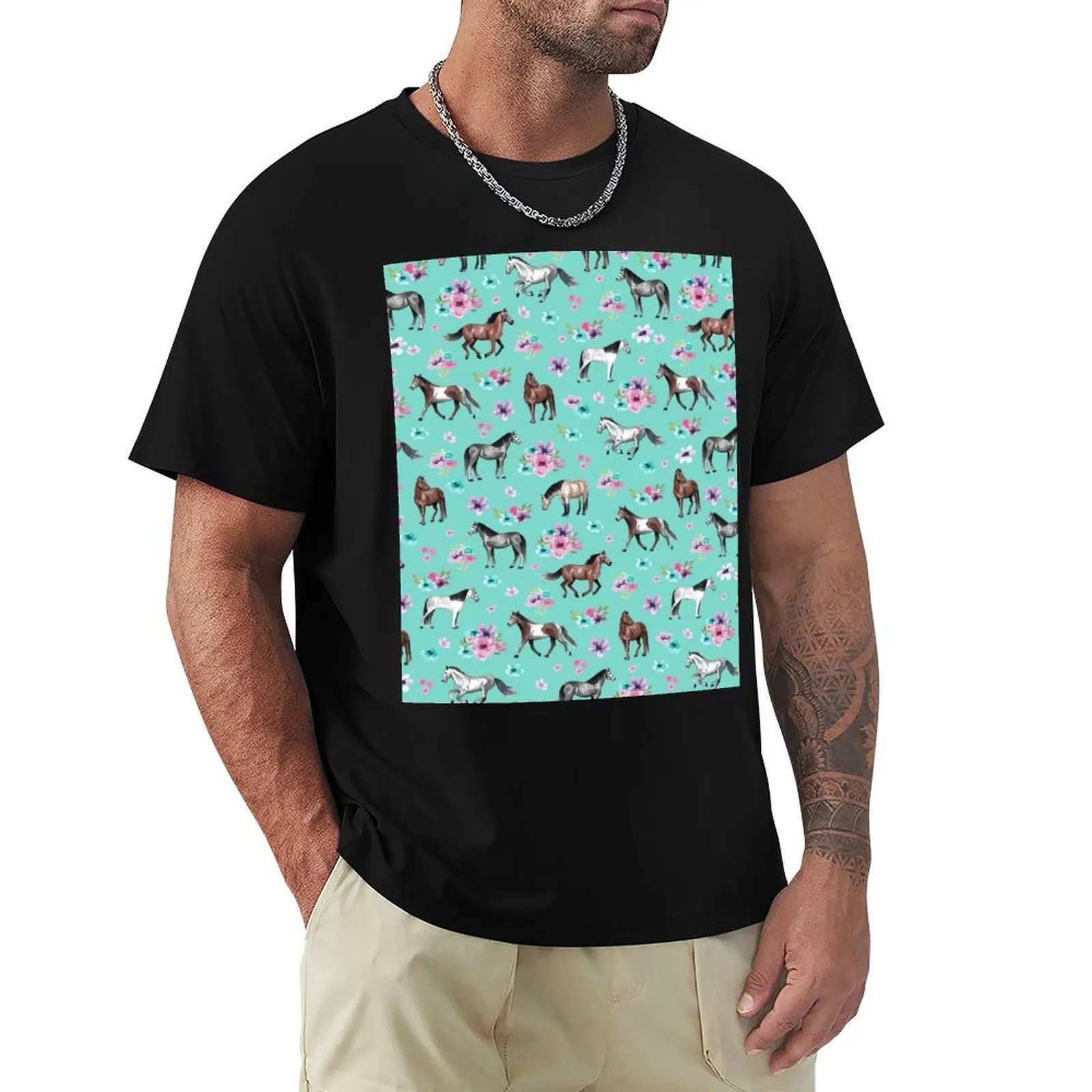 

Wild Horses and Flowers on Aqua Blue T-Shirt new edition cute tops kawaii clothes mens t shirts pack