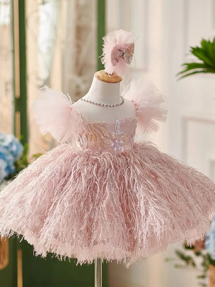 Girls Pink Princess Ball Gown Children Cute Bow Tassels Design Birthday Party Wedding Performances Dress g126