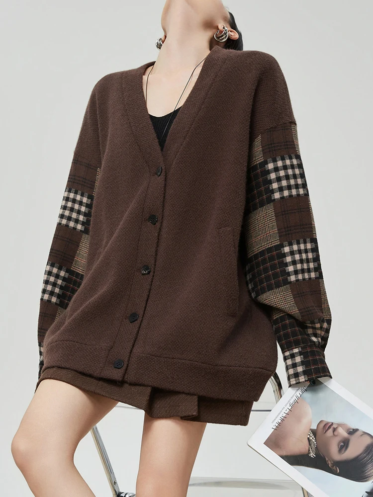 

Women Oversized Knit Cardigan Sweater V Neck Plaid Patchwork Long Sleeve Button Up Casual Vintage Top