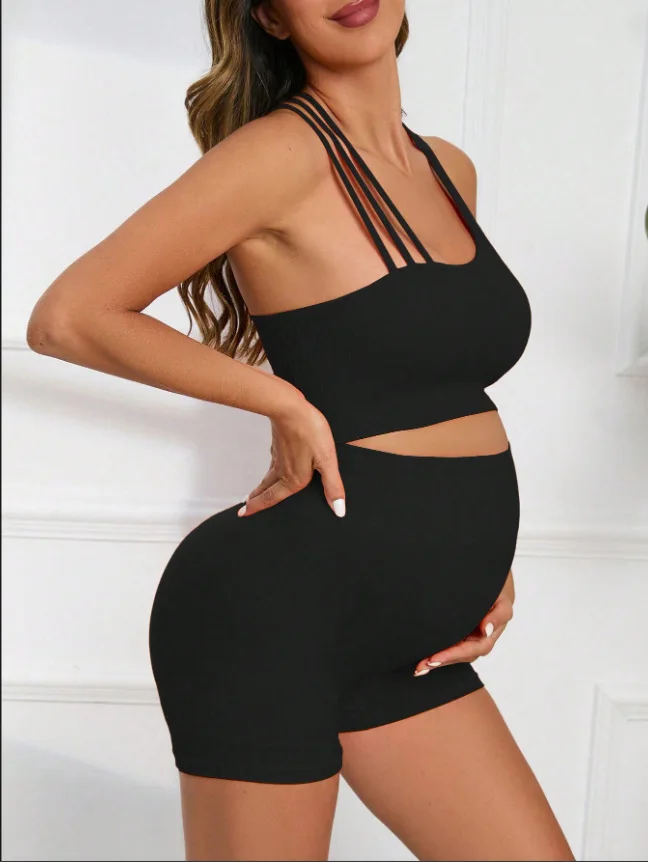 Maternity Seamless Yoga Set Gym Suits Solid Ribbed Sexy Crops Tops Shorts Pregnancy Women Pants 2 Pieces Outfits Premama Workout