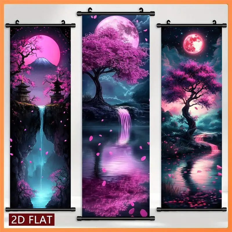 VIKAMA Neon Sakura Moon Wall Tapestry Waterfall Mount Fuji Fantasy Night Scroll Art Home Decor Warm Cozy Soft Durable Aesthetic