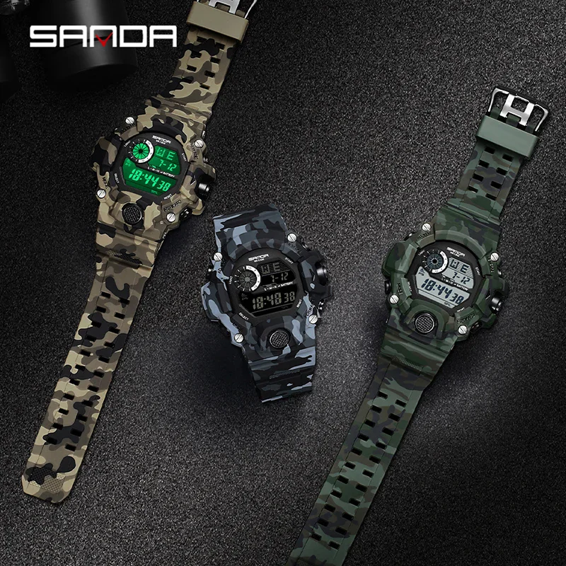 SANDA 2183 Electronic Watch Popular Camo Series Fashion Military Multifunctional Waterproof Student Sports Digital Wristwatch