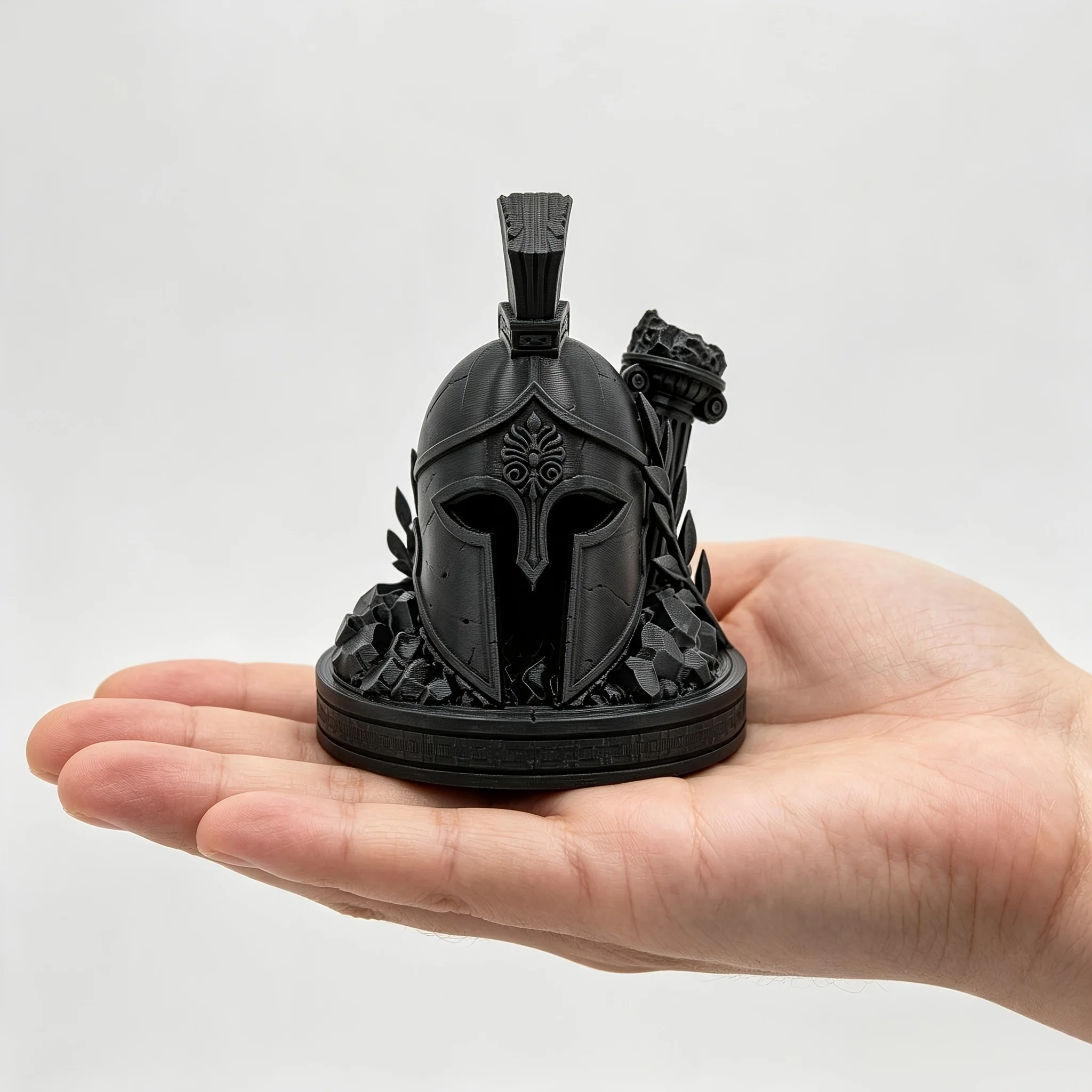 Ancient Greek Spartan Helmet Statue 3D‑Printed Warrior Helmet Figurine with Broken Roman Column Ornament Home Desktop Decor Gift