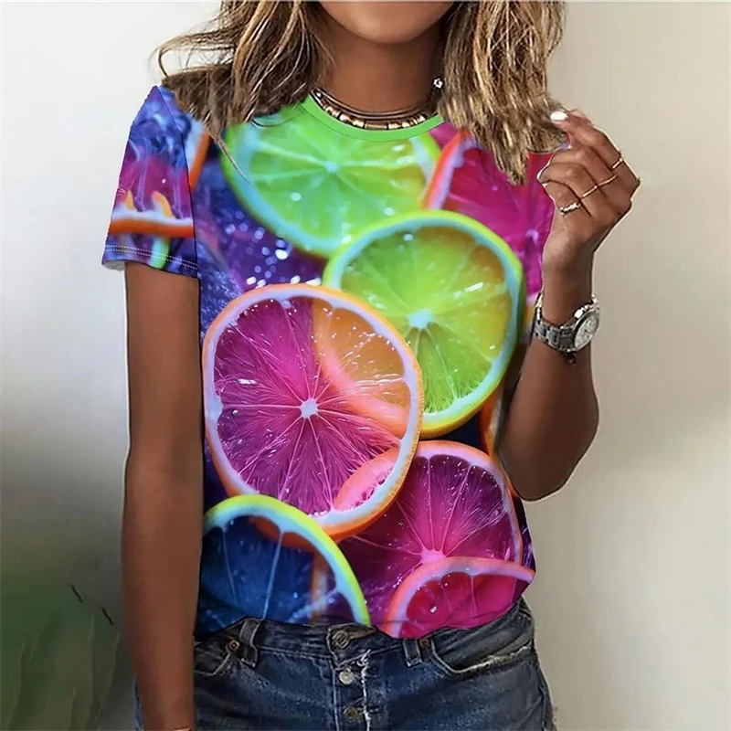 Summer Fruit Print T Shirt For Ladies Girls Summer O Neck Fashion Casual Loose Graphic T Shirt Elegant Plus Size Women Clothing