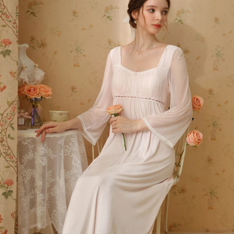 

Spring Autumn Modal Nightwear Romantic Princess Sleepwear Women Sweet Solid Color Long Night Dress Fairy Square Collar Nighty