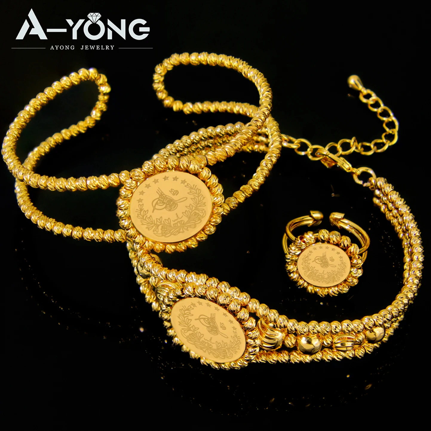Arabic Fashion Coins Jewelry Set 21k Gold Plated Turkish Vintage Bangles Rings Kurdish Women Bridal Vintage Party Jewelrys