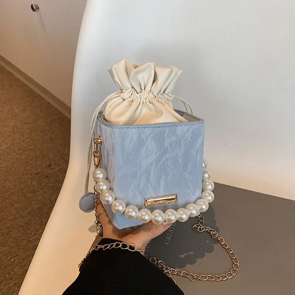 

Trendy Pu Leather Women Bucket Bag Pearl Vintage Drawstring Crossbody Bag Chain Strap Square Luxury Shoulder Bag Female