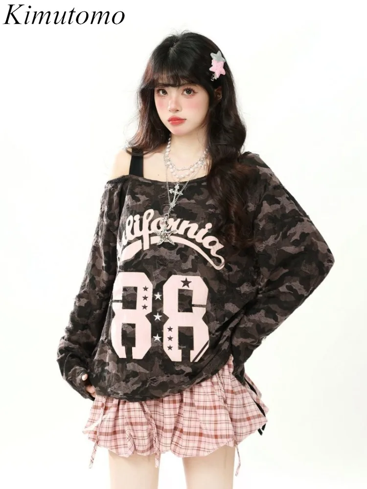 

Kimutomo Sexy Sweet T Shirts Letter Printed Off Shoulder Drawstring Autumn New Fashion Hole Y2k Aesthetic Harajuku Tops Ladies