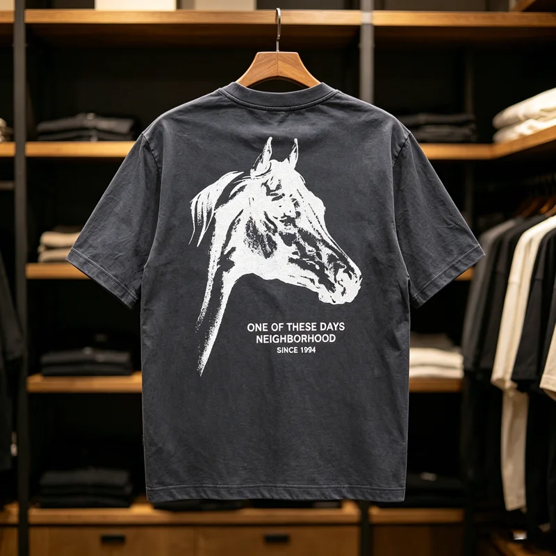 Water Washed NBHD Pockets Horse Head Print T Shirt Hem Patch Label T Ee Japan Men Women High Quality Loose Short Sleeve Tops Tee