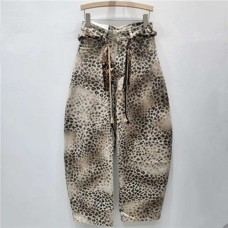 

Leopard Print Jeans, 2025 Autumn Vintage Washed Distressed Gradient Dyed Scimitar Jeans, Hot Girl Printed Denim Pants