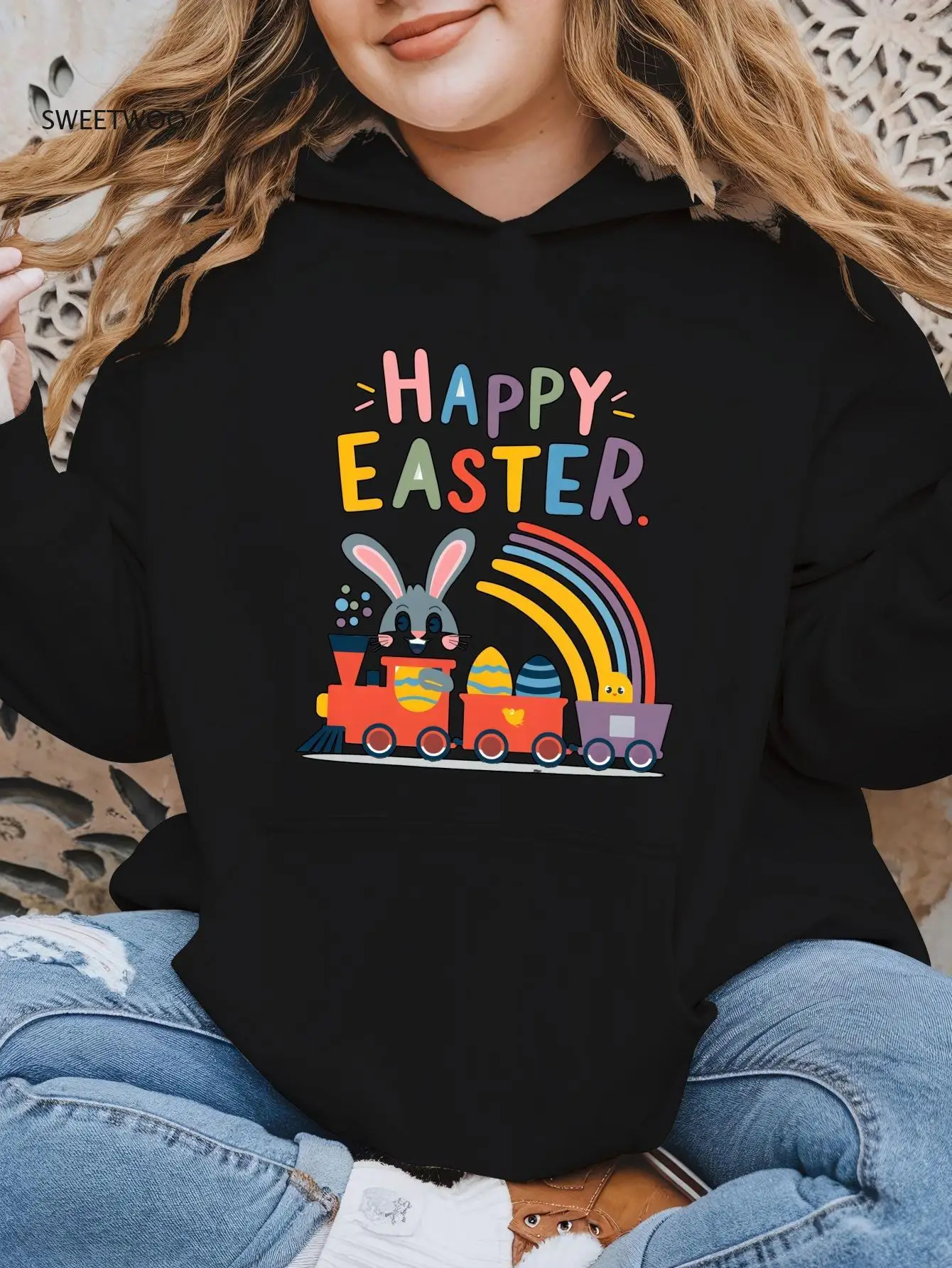 

1 шт. женская толстовка с капюшоном «Счастливая Пасха» — пуловер с принтом кролика и пасхального яйца на весну и с карманами, длинный мягкий полиэстер