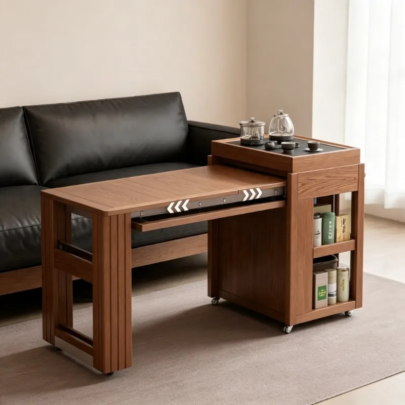 Movable Tea Cabinet, Retractable Solid Oak & Rubberwood Side Coffee Table Auto Water‑Filling Storage Wheels for Living Room Sofa