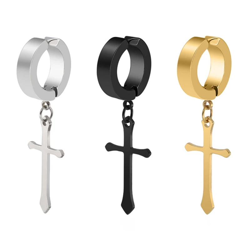 Crosses Dangle Ear Clip Fake Ear Hoops for Men and Women, Stainless Steel Clip on Earrings