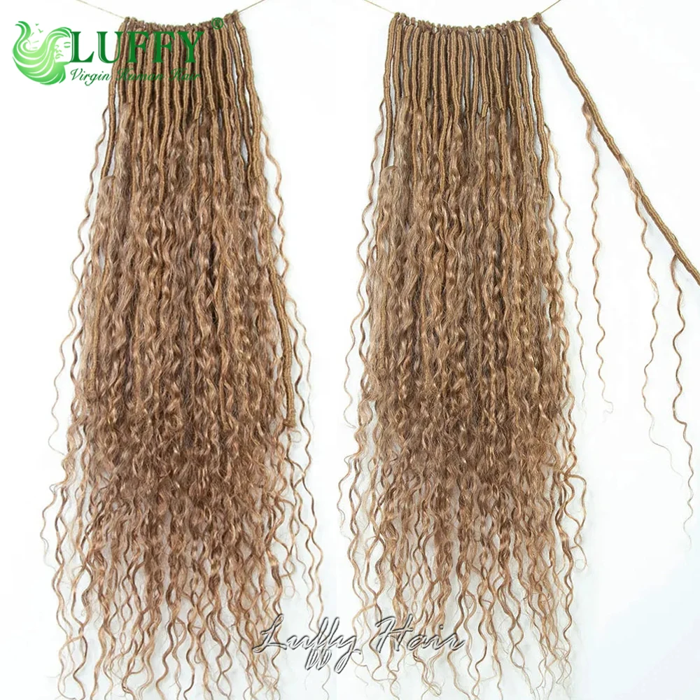 Rambut palsu #27 Honey Blonde Crochet Locs dengan rambut manusia keriting pra-melingkar dewi kepang rambut keriting rambut manusia ujung penuh